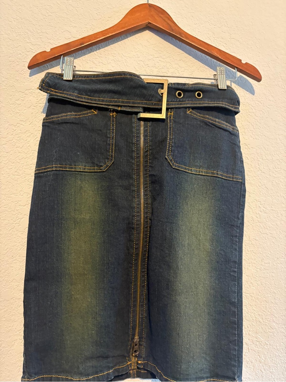 Dark Wash Denim Pencil Skirt with Back Flap Pockets